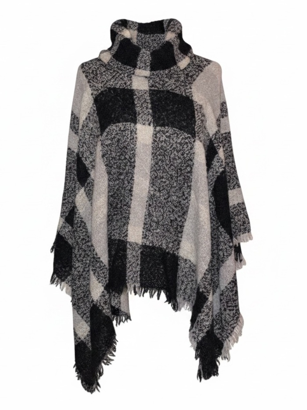KNITTED SWEATER PONCHO Flannel Plaid Black, White and Gray One Size Fits Most